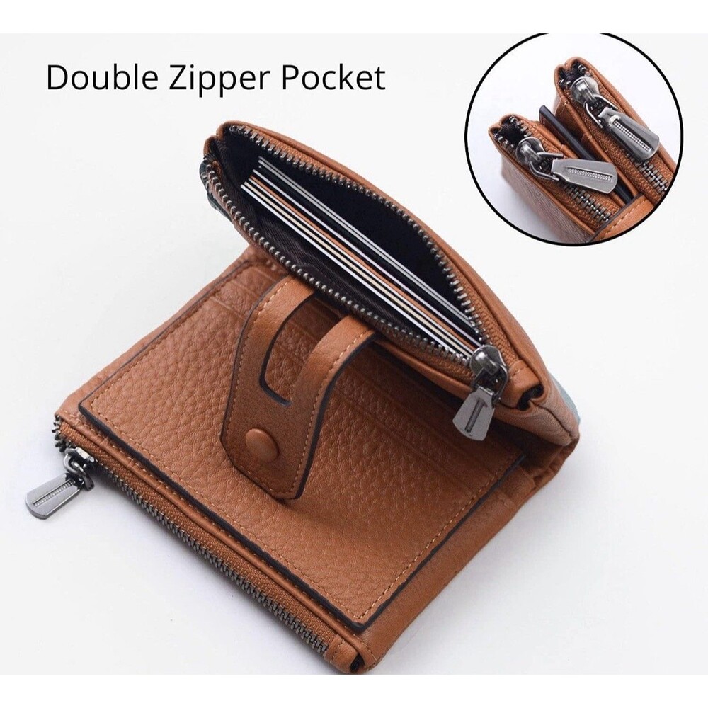 Bveyzi Small Soft Leather Wallet RFID Blocking W/ DBL Zipper Pocket Brown NWT - Picture 2 of 6